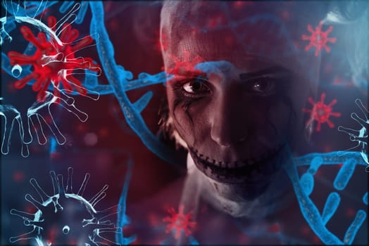 Horrible illustration of sick woman on coronavirus background. Coronavirus disease concept.