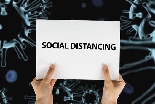 Hand keep sign Social Distancing on 3D illustration of coronavirus background