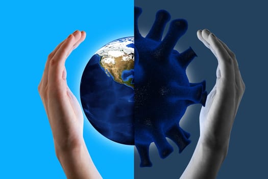Earth and Covid-19 virus and hand. Concept of corona virus. Elements of this image furnished by NASA