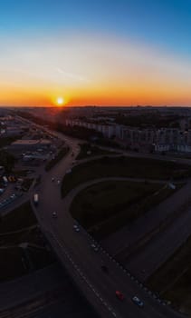 BARNAUL - JULE, 28 Vertical Panoramic picture from drone, to road and cars driving, summer sunny evening in Jule 28, 2019 in Barnaul , Siberia, Russia