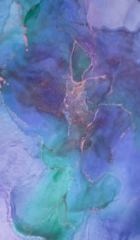 The artwork showcases an enchanting blend of blue and green hues interspersed with shimmering gold accents, evocative of natural landscapes. The flowing forms create a serene and calming atmosphere.