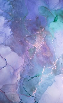 This artwork showcases a beautiful blend of purple and teal watercolors, complemented by shimmering golden lines that enhance its fluidity and elegance.