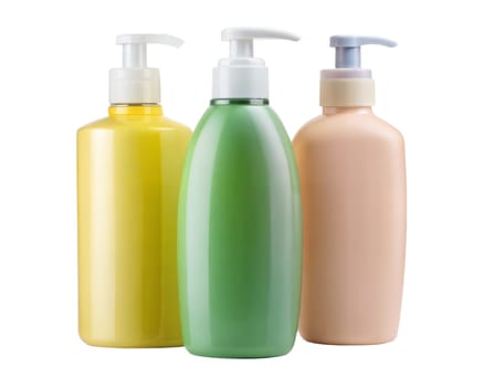 Colored plastic bottles with liquid soap, shampoo or shower gel isolated on white background. Ai generated image