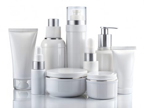 Various white plastic bottles for cosmetics, natural medicine, essential oils or other liquids, isolated on white. ai generated image