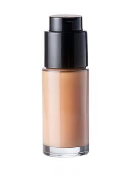 Opened liquid foundation cream with pump unbranded bottle on a white background. BB cream for professional make-up, eyedropper for applying to the face. Cosmetic female accessory, fluid. Mock up . Ai generated image