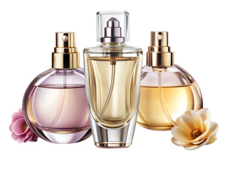 Various Woman's Perfume bottles with flowers on white background. Ai generated image