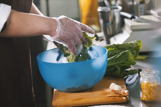 Male chef preparing salad in commercial kitchen close-up