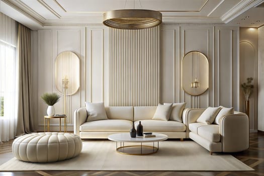 Luxury stylish bright light modern interior of living room. White walls decorated by ornament. Nobody inside room, houseplants. Ai generated image