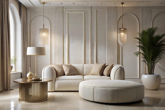 Luxury stylish bright light modern interior of living room. White walls decorated by ornament. Nobody inside room, houseplants. Ai generated image