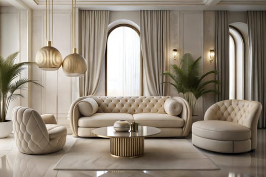 Luxury stylish bright light modern interior of living room. White walls decorated by ornament. Nobody inside room, houseplants. Ai generated image