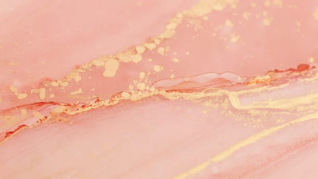 A beautiful abstract composition features gentle pink hues blended with shimmering gold accents, creating a soft and inviting visual experience. The fluid patterns evoke a sense of elegance.