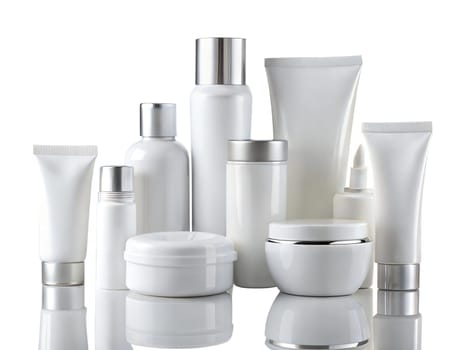 Various white plastic bottles for cosmetics, natural medicine, essential oils or other liquids, isolated on white. ai generated image