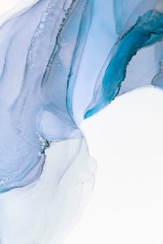 Soft hues of blue and turquoise blend beautifully on a white surface, creating an elegant abstract art piece that evokes calm and serenity. The flowing lines enhance the sense of movement.