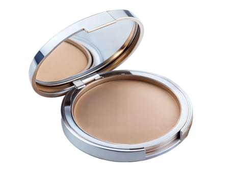 cosmetic compact powder on the white background and sponge. High quality photo
