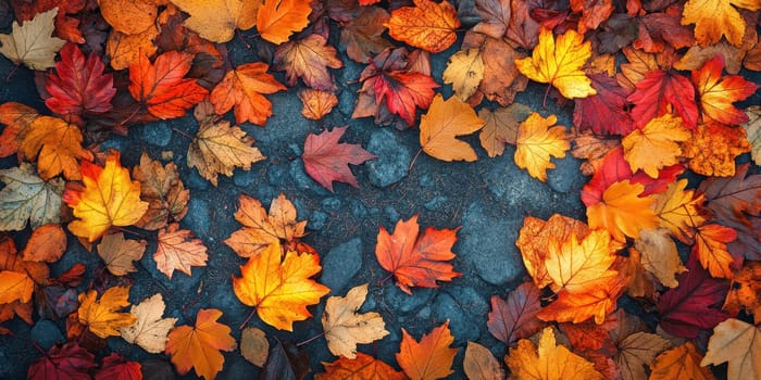 Vibrant autumn leaves on forest floor, seasonal nature pattern with colorful maple foliage. abstract texture of fall beauty in sunlight..
