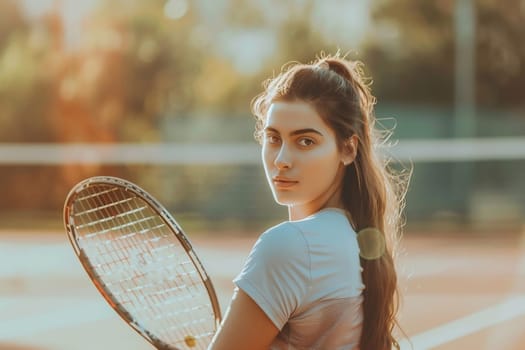 Young woman with a tennis racket, close-up. Tennis sport. AI generated
