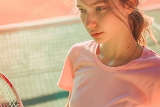 Young woman with a tennis racket, close-up. Tennis sport. AI generated