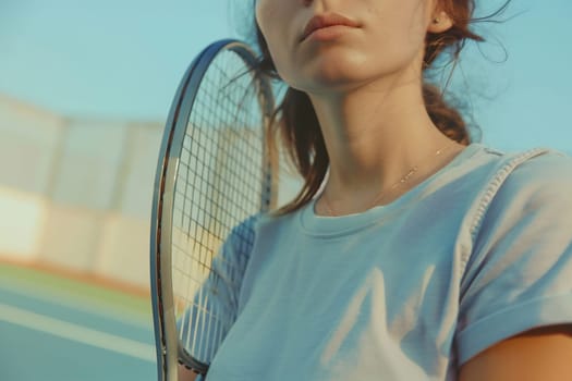 Young woman with a tennis racket, close-up. Tennis sport. AI generated