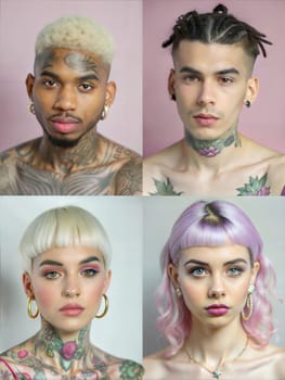 Collage of young multiethnic stylish people with tattoo, piercing and colorful hairs on pink background. Tattoo or hair salon advertising. Ai generated image