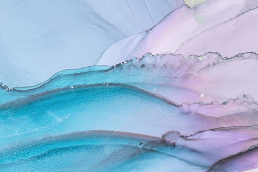The artwork showcases a mesmerizing blend of blue, teal, and lavender hues swirling together, creating a tranquil and dynamic visual experience. Delicate textures add depth.
