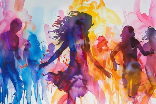 Watercolor illustration with drips and drops of paint: happy young people dancing, dancing silhouettes. Generated by AI