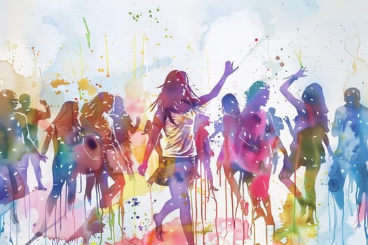 Watercolor illustration with drips and drops of paint: happy young people dancing, dancing silhouettes. Generated by AI
