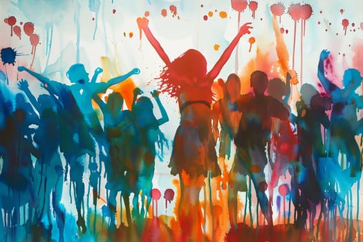 Watercolor illustration with drips and drops of paint: happy young people dancing, dancing silhouettes. Generated by AI