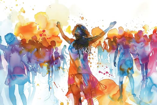 Watercolor illustration with drips and drops of paint: happy young people dancing, dancing silhouettes. Generated by AI