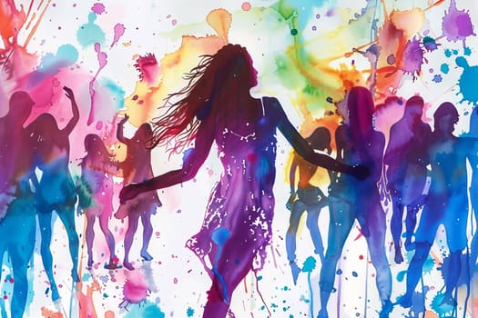Watercolor illustration with drips and drops of paint: happy young people dancing, dancing silhouettes. Generated by AI