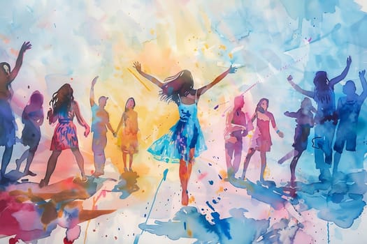 Watercolor illustration with drips and drops of paint: happy young people dancing, dancing silhouettes. Generated by AI