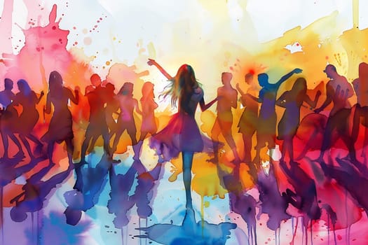 Watercolor illustration with drips and drops of paint: happy young people dancing, dancing silhouettes. Generated by AI