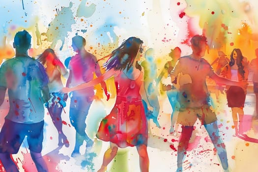 Watercolor illustration with drips and drops of paint: happy young people dancing, dancing silhouettes. Generated by AI