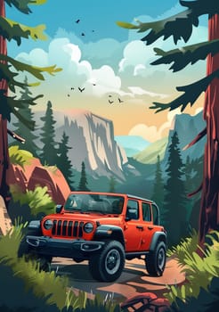 SUV all terrain vehicle in wild, Vintage poster. AI generated