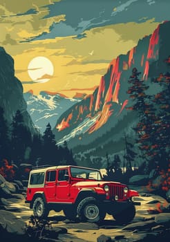 SUV all terrain vehicle in wild, Vintage poster. AI generated