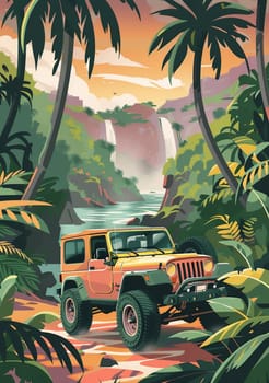 SUV all terrain vehicle in wild, Vintage poster. AI generated