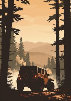 SUV all terrain vehicle in wild, Vintage poster. AI generated
