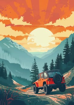 SUV all terrain vehicle in wild, Vintage poster. AI generated
