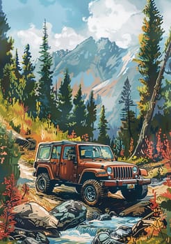 SUV all terrain vehicle in wild, Vintage poster. AI generated
