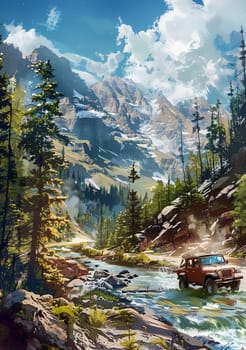 SUV all terrain vehicle in wild, Vintage poster. AI generated