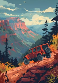 SUV all terrain vehicle in wild, Vintage poster. AI generated