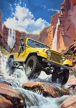 SUV all terrain vehicle in wild, Vintage poster. AI generated