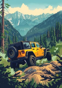 SUV all terrain vehicle in wild, Vintage poster. AI generated