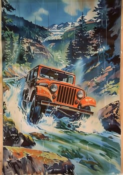 SUV all terrain vehicle in wild, Vintage poster. AI generated