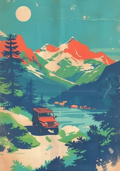 SUV all terrain vehicle in wild, Vintage poster. AI generated