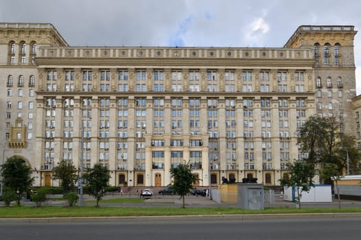 Moscow, Russia - Aug 3. 2024. multi-apartment residential building, Stalinist architecture of USSR