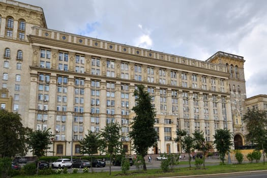 Moscow, Russia - Aug 3. 2024. multi-apartment residential building, Stalinist architecture of USSR