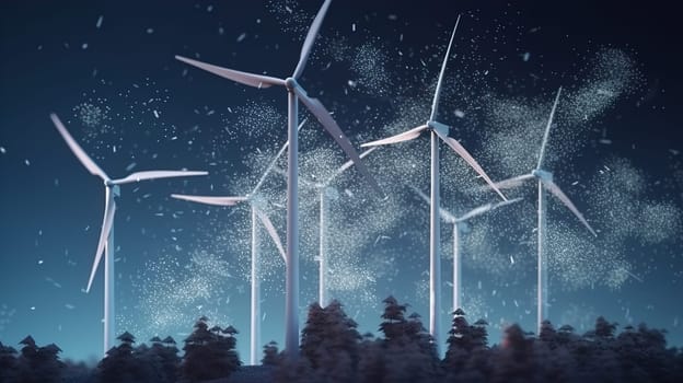 Electricity power in nature or clean energy concept. Wind Turbine producing alternative energy on hill at night. Creative decoration with small miniature. Selective focus