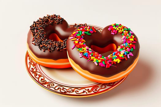 Two heart-shaped donuts, coated in brown chocolate and colorful sprinkles, rest side by side on an ornate octagonal plate. Perfect for festive occasions but high in calories.
