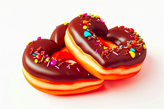 Two heart-shaped, deep-fried donuts coated in brown chocolate and colorful toppings, stacked on a white background, reflecting light and casting a soft shadow.