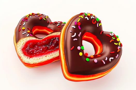 Two heart-shaped donuts with chocolate glaze and colorful sprinkles. One donut is sliced, revealing raspberry jam filling. Perfect for sweet celebrations.